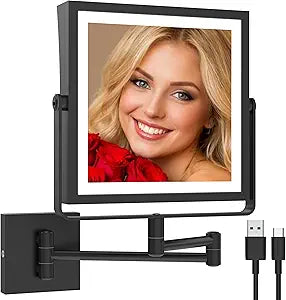 Ruacq Rechargeable Wall Mounted Makeup Mirror with Lights, Double Sided 1X/10X Magnifying Vanity Mirror with 3 Color Lighting, Touch Screen Dimmable, 360 Rotation Extension Foldable Arm(Matte Black)