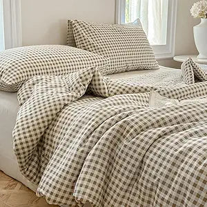 NSNLGSGC Tan Gingham Cotton Comforter Set Queen, 100% Washed Cotton Taupe Plaid Checked Comforter Bedding, 3 Pieces Vintage Farmhouse Grid Bedding Set(Tan Gingham, Queen)