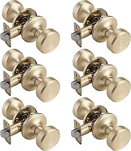 6 Pack Gold Pismo Doorknob for Hall, Passage Door Knob with Non Locking,Satin Brass Door Knob Interior
