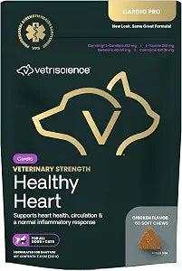 VETRISCIENCE Veterinary Strength Healthy Heart Chews - Heart & Energy Supplement for Pets - Cardiovascular Supplement - Pet Blood Flow Support - Chicken Flavor - 60 Count