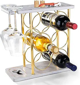 Gold Wine Rack with Glass Holder, Countertop Wooden Wine Holder for 6 Bottles & 2 Glasses, Includes Storage Trays for Corks & Openers  Perfect White & Gold Wine Display for Home Bar & Kitchen Decor