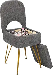 Small Vanity Stool Chair with Storage and Folding Back Faux Fur Soft Ottoman for Makeup 4 Metal Legs with Anti-Slip Feet Furry Seat for Bedroom, Living Room, Grey 12.9" x 14.1" x 29.9"