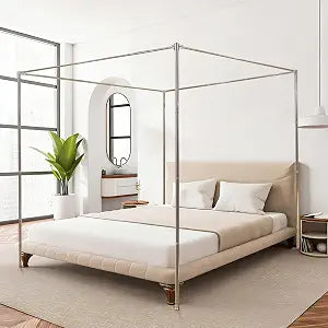 Canopy Bed Frame Queen Size, Stainless Steel Metal Bed Post Poles, Heavy Duty 4 Poster Floor Bedframe, Freestanding Easy Assemble