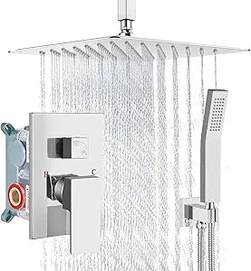 Aolemi Ceiling Mount Shower System Rain Shower Head with Handheld Spray High Pressure Shower Faucet Set Rough-in Valve Shower Trim Kit Included Bathroom Polish Chrome 12 Inch Ceiling Shower Head