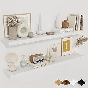 Fun Memories Floating Shelves for Wall, 40 Inch Floating Shelves for Home Decor, Wall Mounted Rustic Wood Shelves, Bathroom, Hanging Deep Shelf for Bedroom, Living Room, Kitchen (White, Set of 2)