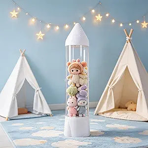 Rocket Shaped Stuffed Animal Storage Tube, 10.2 * 65 INCH Tall Clear Bazooka Style Plush Holder with Rocket Lid, for Living Room Bedroom Corner