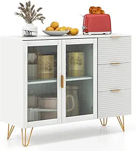Giantex Buffet Cabinet with Storage, Modern Sideboard with 2 Doors & 3 Drawers, Freestanding Kitchen Cupboard with Solid Metal Legs, Coffee Bar Cabinet with Storage for Living Room, White