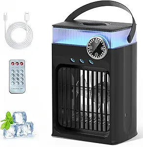 Portable Air Conditioner with Remote Control,1200ml Evaporative USB Mini Air Cooler Conditioner RGB 8 LEDs, 3 Speed 3 Spray Mode,2-8H Timer Small Portable Ac Unit for Home Bedroom,Black