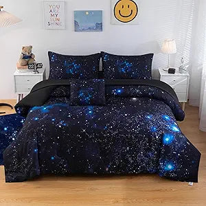 6 Pcs Galaxy Comforter Set Twin Size Space Blue and Purple Starry Sky Night Bedding Set for Girls Boys Kids Twin(1 Comforter, 1 Flat Sheet, 1 Fitted Sheet, 1 Cushion Cover, 2 Pillowcases)