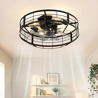 20 In Farmhouse Caged Ceiling Fan with Light and Remote, Bladeless Flush Mount Fan Lights Ceiling Fixtures, Need Assembly, 6 Speeds Reversible Motor Indooor Lights for House Kitchen, Bedroom, Black