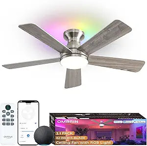 42 Inch Ceiling Fans with Lights, Smart Ceiling Fan with Alexa Google App, Nickel Ceiling Fan with RGB Lights Remote, 6 Speeds Reversible DC Motor, Modern Flush Mount for Bedroom Living Room