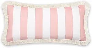 Hofdeco Premium Coastal Patio Indoor Outdoor Long Lumbar Pillow Cover Only, 12"x26" Water Repellent for Backyard, Couch, Blush Pink Stripes with Fringe