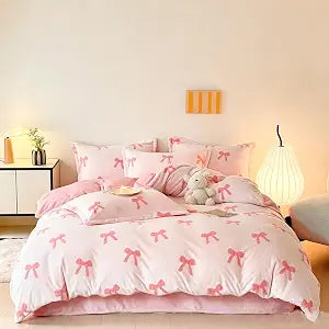 Mengersi Pink Bow Duvet Cover Set for Girls,Velvet Kawaii Bowknot Girls Bed Comforter Cover Fluffy Bedding Sets with Zipper Closure (No Comforter) (Pink, Twin)