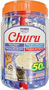 INABA Churu Cat Treats, Lickable, Squeezable Creamy Pure Cat Treat with Green Tea Extract & Taurine, 0.5 Ounces Each Tube, 50 Tubes, Tuna & Seafood Variety