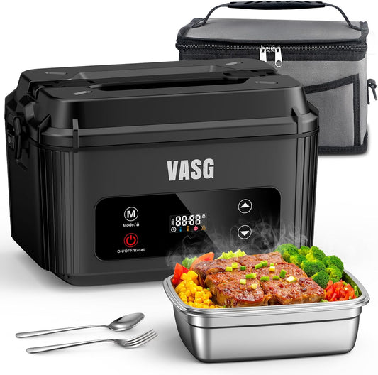 VASG Advanced Cordless Heated Lunch Box for Adults, XXL 5.1-Cup Electric Lunch Box with 360 Surround Rapid Heating, 12000mAh Portable Food Warmer with Timer, LCD Display for Office, Car & Outdoors