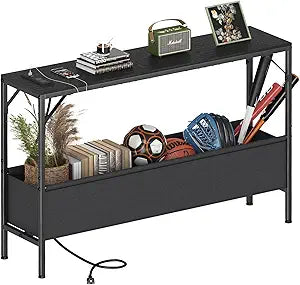 Asgolion Narrow Console Table, 47.2" Long Entryway Table with Storage & Power Outlets, Hallway Table, Mordern IndustrialSofa Tables for Living Room, Bedroom, Foyer, Office, Anti-tip Kit, Black