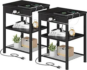 DUMOS Nightstand Set of 2 with Charging Station, Industrial Bedside Table