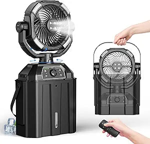 Misting fan with 7L bucket 90Oscillating ,4 Spray Mister 25000mAh Rechargeable Camping fan with Remote Control Stepless Speed and Timer for Patios/CampingWaterproof Design Outdoor Fans (Black)