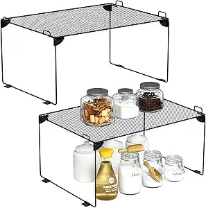 Neudeco Shelf Organizer - Stackable Cabinet Shelves - 2 Pack for Kitchen, Closet, Bathroom, Gray