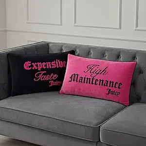 Juicy Couture High Maintenance/Expensive Taste Reversible 14" x 24" Decorative Pillow, Hot Pink/Black