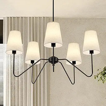 5-Light Modern Chandeliers, 30 Black Farmhouse Dinging Room Light Fixture with Linen Beige Fabric Shade, E12 Adjustable Pendant Hanging Lights for Living Room Bedroom Hallway Entryway Kitchen Island