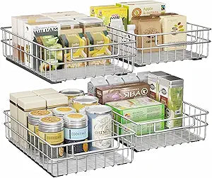 Pull out Cabinet Organizer, Stainless Steel 4-Pack Slide out Drawer with Silent Full-Extension Slides, Adhesive Roll out Can Spice Storage Basket Shelf Rack for Pantry, Kitchen, Bathroom, Home Closet