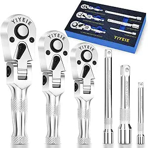 YIYEIE Stubby Flex Head Ratchet Set, 6PCS Stubby Ratchet Set 1/4 3/8 1/2 inch with 3 Extension Bars, 72 Tooth Reversible & Quick-Release, 180 Swivel Head Mini Handle with EVA Foam
