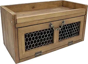Farmhouse Countertop Storage Organizer, Rustic Wood Kitchen Cabinet with Chicken Wire, Kitchen Pantry Display Shelf, Country Vintage Style. Distress Brown