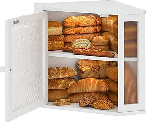 Corner Bread Box for Kitchen Countertop,Bread Storage for Homemade Bread, Double Layer Large Bamboo Kitchen Storage Bin with Window (White, Medium)