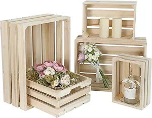 Wooden Crates, Unfinished Set of 5 Large Wood Crates with Handles, Rustic Farmhouse Wooden Crate for Decor, Wedding Birthday Home Party Living Room Kitchen Decoration