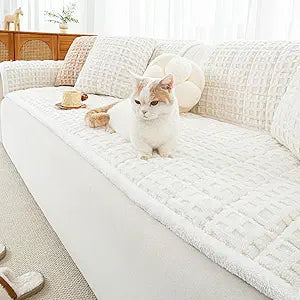 Dog Couch Cover, Couch Cover for Dogs Washable, Funny Fuzzy Plush Sofa Covers, Non Slip Dog Covers for Couches and Sofas, Sofa Pad Furniture Protector for L Shaped(Beige White 27.5"x 82.7")