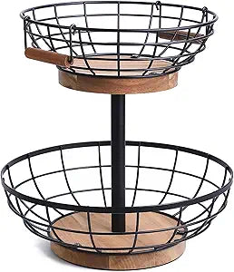 2 Tier Fruit Basket with Banana Hanger, Metal Fruit Bowl Stand with Wooden Base, Kitchen Counter Fruit Organizer for Vegetables, Bread, Snacks Storage Basket