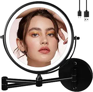 9" Large Black Wall Mount Magnifying Mirror With Light, TUSHENGTU 3000mAh Rechargeable Lighted Makeup Vanity Mirror Wall Mounted Swing Arm,10X/1X Magnifying Vanity Mirror for Bathroom 360Double Sided