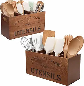 2 PC Wooden Utensil Holder,With 4-Compartments size*1 + 3-Compartments size*1 Extra Large Kitchen Counter,Cooking Spatula Organizer,Farmhouse Decor, Rustic Cooking Utensil