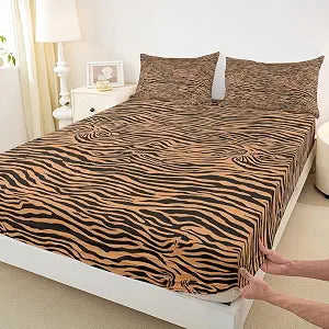 Tiger Printed Fitted Sheet,Full Size Yellow Animal Skin Collections Wild Animals Theme,Soft Decorative Fabric Bedding Deep Pocket for Children Teens Young Boys Girls,with 2 Pillowcases