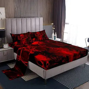 Gothic Skull Bed Sheets Red and Black Skeleton Sheet Set Twin for Boys Teens Men Women,Psychedelic Goth Skull Bedding Set Trippy Smoke Halloween Fitted Sheet + Horror Flat Sheet + 1 Pillow Case
