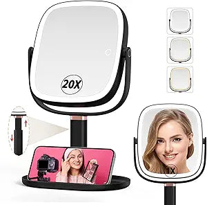 Mocado Makeup Mirror with Lights, 1X/20X Magnifying Mirror with Light, Vanity Mirror with 3 Colors Lights, Height Adjustable Lighted Makeup Mirror, Double Sided 360Rotation, Memory Function (Black)