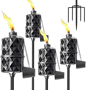Glass Garden Torch Set of 4, 13.5 oz Outdoor Torch Garden Dcor, 58-Inch Upgraded Citronella Torches with 5-Prong Grounded Stake for Party Patio Pathway