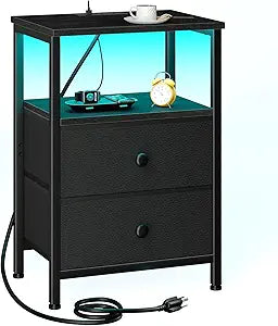 LOAKEKEL LED Night Stand with Charging Station, Small Bedside Table with USB Ports & Outlets, 2 Fabric Storage Drawers with PU Finish for Bedroom, Black, HETS02BK-1