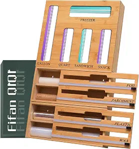 9 In 1 Storage Bag Organizer And Plastic Wrap Dispenser With Cutter, Bamboo Foil and Plastic Wrap Organizer