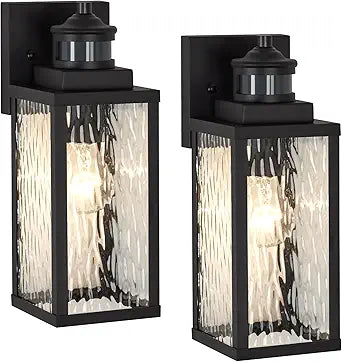 2 Pack Motion Sensor Outdoor Wall Lights,Updated Dusk to Dawn Outdoor Lighting, Exterior Light Fixtures Wall Mount With Water-Rippled Glass,Waterproof Black Porch Light Outside Lights for House