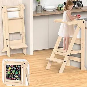 Foldable Toddler Tower, Wooden Toddler Kitchen Stool with 3 Adjustable Heights and Removable White/Blackboard, Montessori Foldable Learning Tower Kitchen Stool, Natural Wood