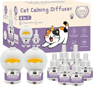 Cat Pheromone Calming Diffuser 8 in 1 Appeasing Pet Pheromones Diffuser to Calm Kit Effectively Relieve Anxiety Stress (2 Plug in+ 6 Pack 48ml Refill) for Anxiety