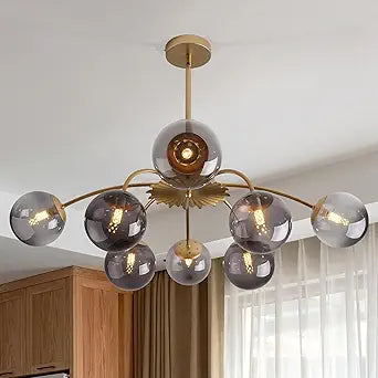 Smoked Glass Bubble Sputnik Chandelier Gold 8-Light Mid Century Glass Globe Chandeliers with Blossom Accent Pendant Light Fixture for Dining Room Entry