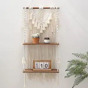ANROYE 2 Tier Macrame Boho Wall Hanging Shelf, Handmade Bohemian Wooden Woven Plant Floating Shelves Decor, Decorative Chic Organizer for Bathroom Women Bedroom Girl Nursery Storage