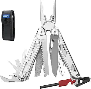 ROCKTOL SK04 Multitool, 14C28N Blade, 22-in-1 Multi-tool Pliers with Fire Starter, Emergency Whistle, Glass Breaker, Safety Locking and Nylon Sheath for Survival, Camping, multitool for men