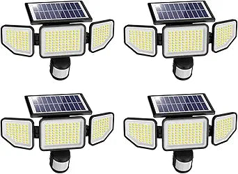 Onforu 4500LM Solar Lights Outdoor, 3 Heads Security Lights with Remote Control, IP65 Waterproof Motion Sensor Lights, 3 Modes Flood Lights for Wall, Porch, Yard, Outside, 4 Pack