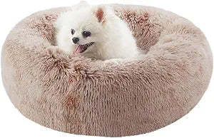 23 inches Donut Dog Bed for Small Dogs - Calming Washable Round Puppy Bed with Removable Cover, Fluffy Plush Pet Bed for Cats & Dogs, Fits up to 25 lbs Pets (Brown,Small)