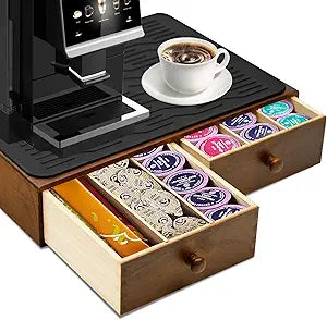 Wooden Coffee Pod Drawer,Holders for Counter with 2 Drawers and Silicone Non-Slip Pad, Drawer Organizer (30 Pod Capacity)