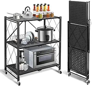 Foldable Storage Shelves with Wheels, Folding Shelving Units Storage, Heavy Duty Metal Collapsible Shelf No Assembly, Large Capacity Pop-Up Organizer for Garage,Kitchen,Living Room, 3-Tier Black